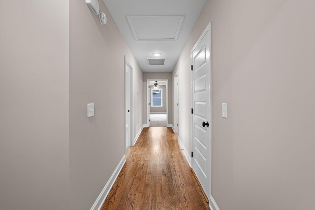 hallway with dark hardwood / wood-style flooring