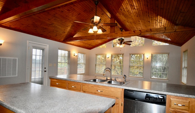 kitchen featuring stainless steel dishwasher, wooden ceiling, sink, and lofted ceiling with beams