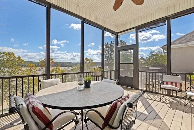 sunroom / solarium featuring ceiling fan