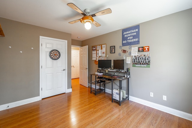 office area featuring ceiling fan and light wood-type flooring