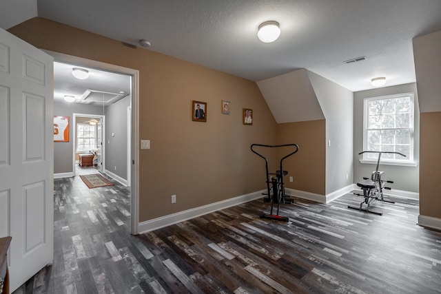 interior space with lofted ceiling, a healthy amount of sunlight, and dark hardwood / wood-style flooring