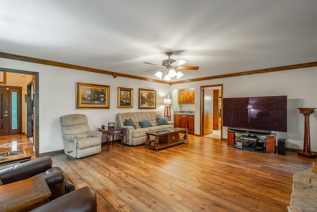 living room with ceiling fan, crown molding, and light wood-type flooring