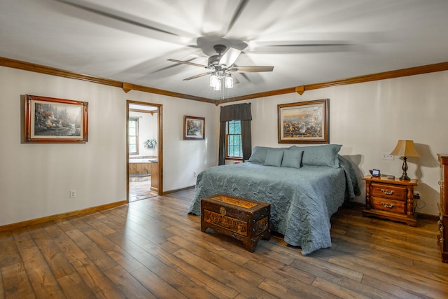 bedroom featuring ceiling fan, ornamental molding, dark hardwood / wood-style flooring, and ensuite bath