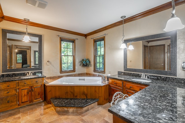 bathroom with vanity, ornamental molding, and a bathing tub