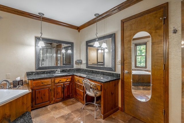 bathroom with vanity, ornamental molding, an inviting chandelier, and separate shower and tub