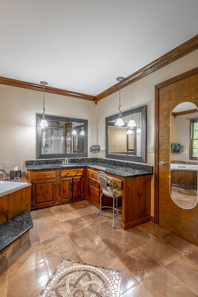 bathroom with vanity and ornamental molding