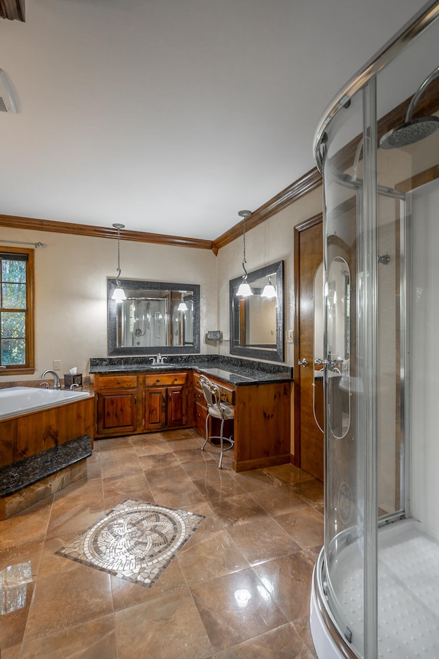 bathroom featuring vanity, separate shower and tub, and ornamental molding