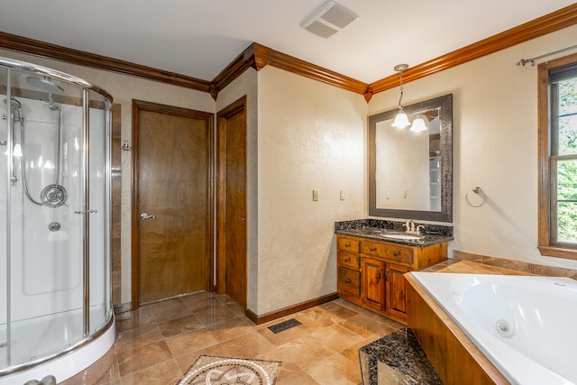 bathroom featuring vanity, ornamental molding, and separate shower and tub