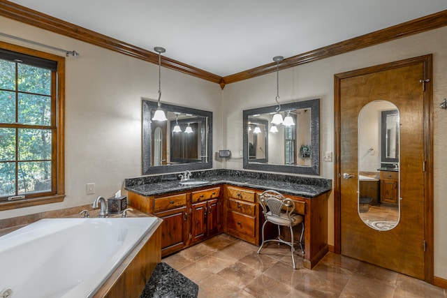 bathroom with vanity, ornamental molding, and a bathing tub