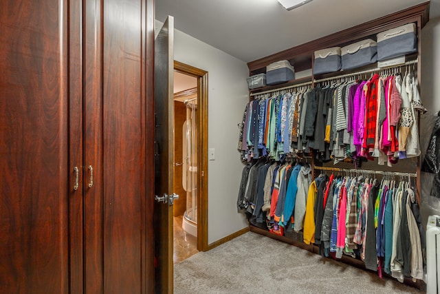 walk in closet featuring light colored carpet