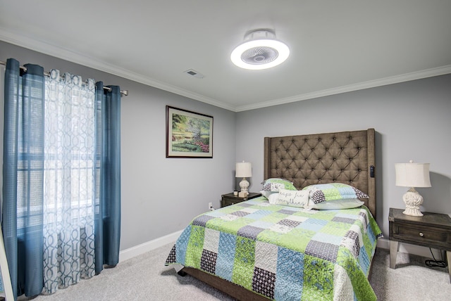 bedroom featuring carpet flooring and crown molding