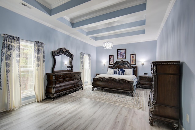 bedroom featuring beamed ceiling, a notable chandelier, light hardwood / wood-style floors, and ornamental molding