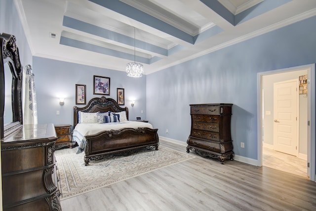 bedroom featuring coffered ceiling, light hardwood / wood-style flooring, ornamental molding, beamed ceiling, and a chandelier