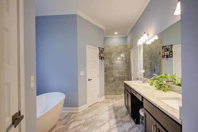 bathroom featuring shower with separate bathtub, vanity, and ornamental molding