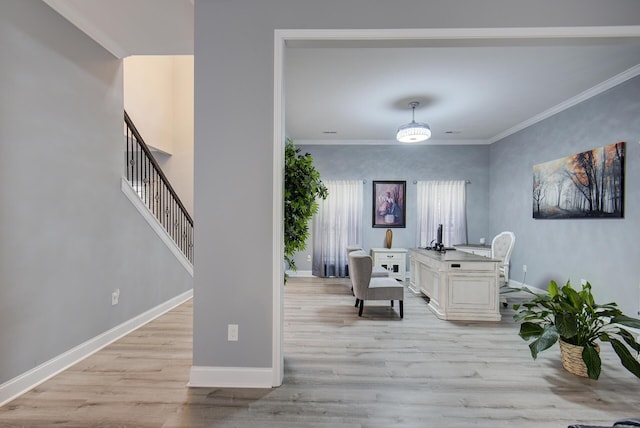 interior space with light hardwood / wood-style floors and ornamental molding