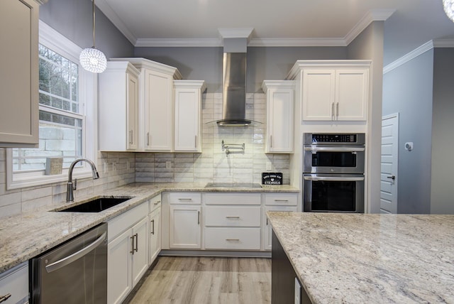 kitchen with white cabinets, sink, wall chimney exhaust hood, and stainless steel appliances