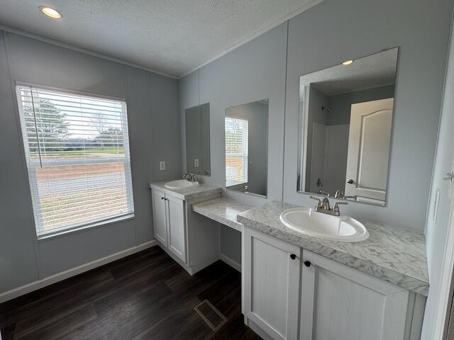 full bath featuring visible vents, wood finished floors, a textured ceiling, and a sink