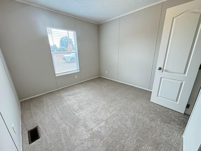 spare room featuring ornamental molding, visible vents, and carpet floors