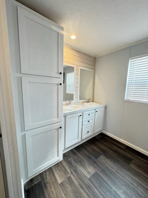 full bath with wood finished floors, a healthy amount of sunlight, double vanity, and a sink