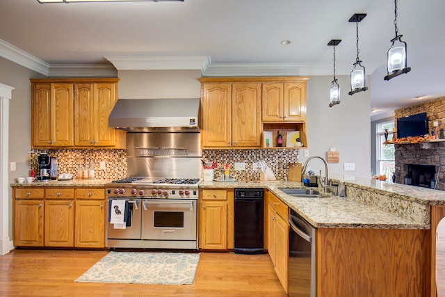 kitchen with sink, kitchen peninsula, stainless steel appliances, and light wood-type flooring