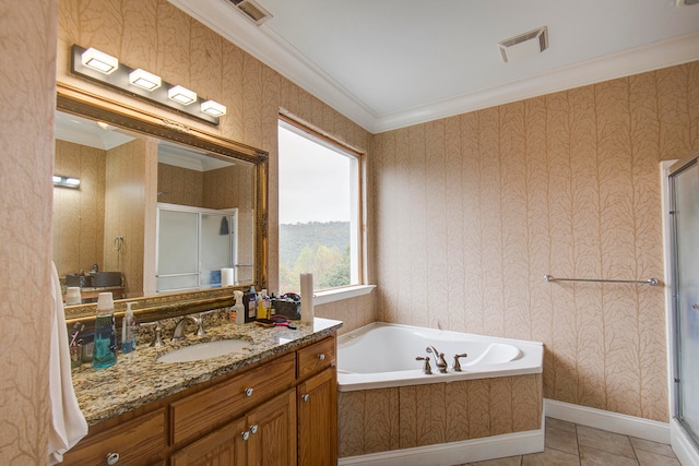 bathroom with vanity, crown molding, tile patterned floors, and separate shower and tub