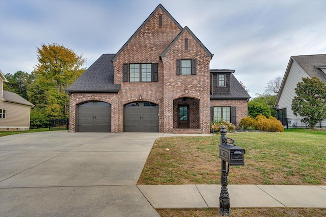 view of front of house featuring a front lawn and a garage