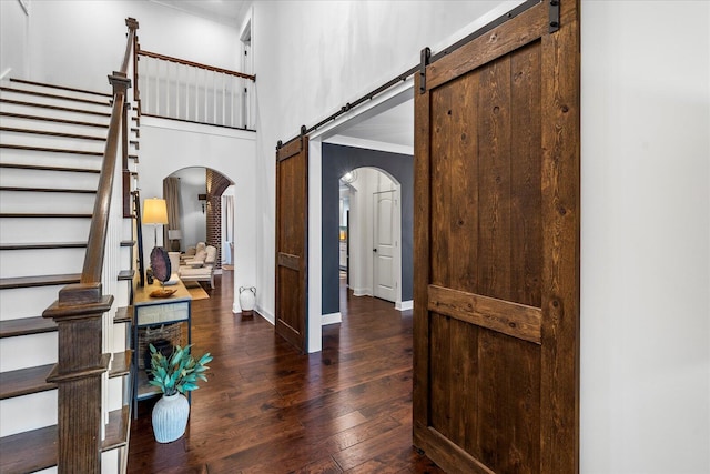 entryway with a towering ceiling and dark hardwood / wood-style flooring