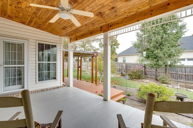 sunroom featuring ceiling fan, lofted ceiling, and wooden ceiling