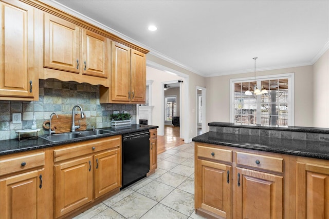 kitchen with crown molding, dark stone counters, dishwasher, and sink