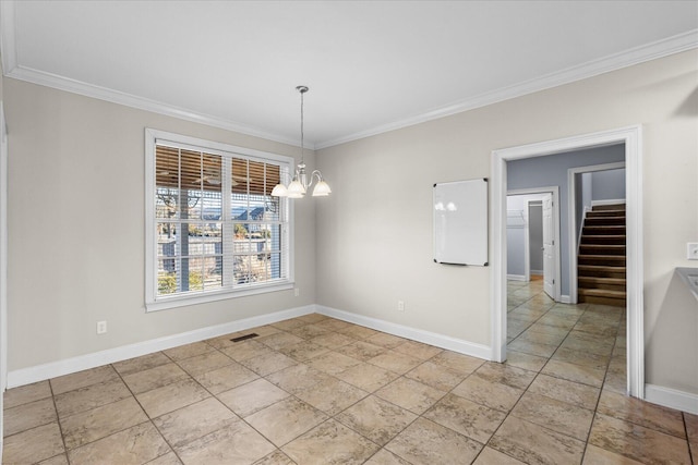 unfurnished dining area with an inviting chandelier and ornamental molding