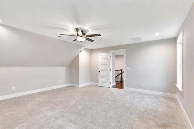 additional living space with baseboards, carpet, a ceiling fan, and recessed lighting