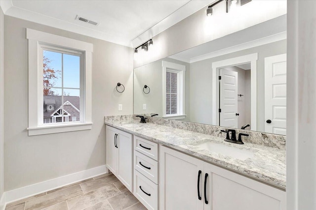bathroom featuring a sink, baseboards, double vanity, and visible vents