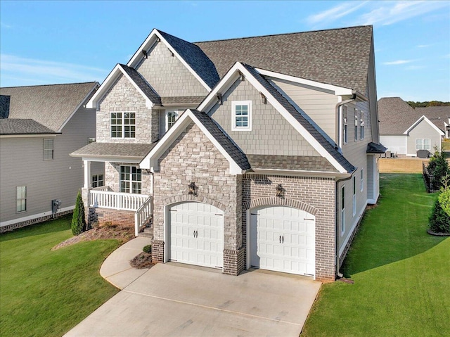 craftsman-style house featuring roof with shingles, driveway, a front yard, and a garage