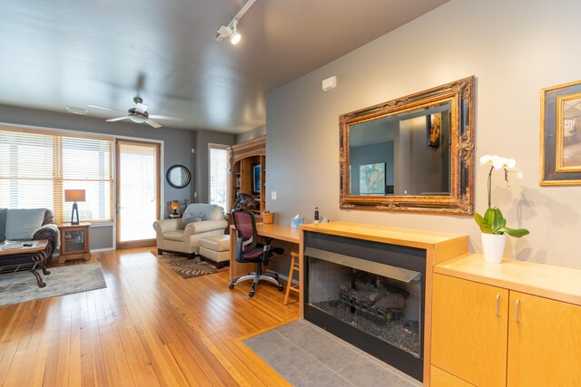 living room featuring hardwood / wood-style floors and ceiling fan