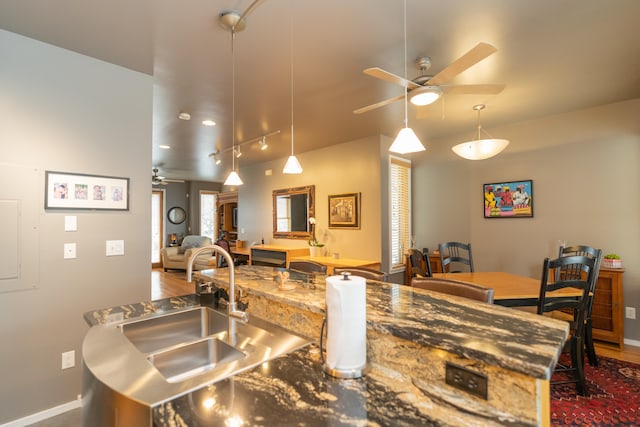 kitchen featuring hardwood / wood-style flooring, sink, and ceiling fan