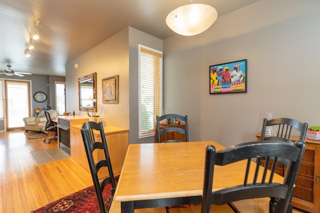 dining room with light hardwood / wood-style flooring, plenty of natural light, and ceiling fan