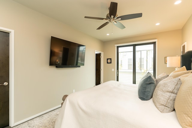 bedroom featuring carpet floors, access to exterior, and ceiling fan