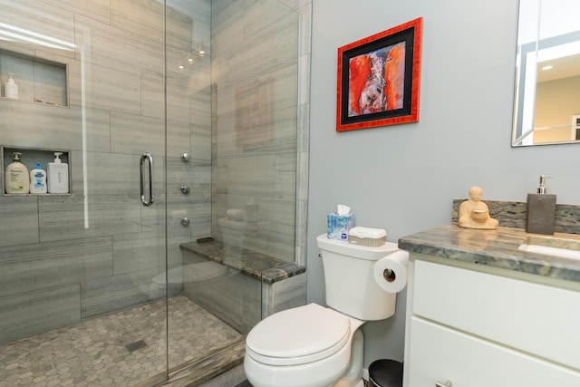 bathroom with vanity, toilet, and walk in shower