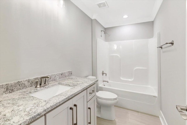 full bathroom with vanity, toilet, and shower / bathtub combination