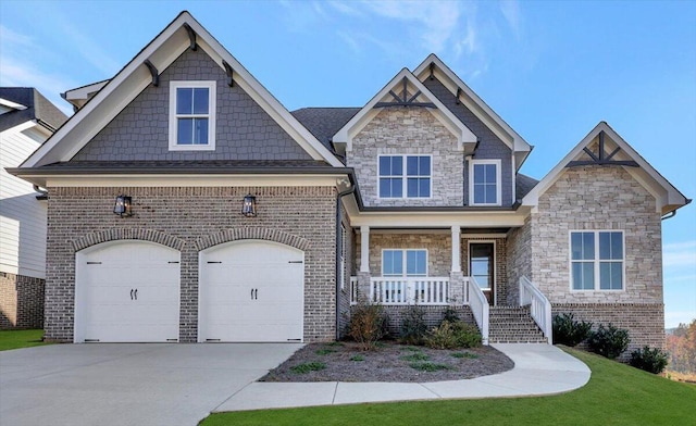 craftsman house with covered porch, a front yard, and a garage