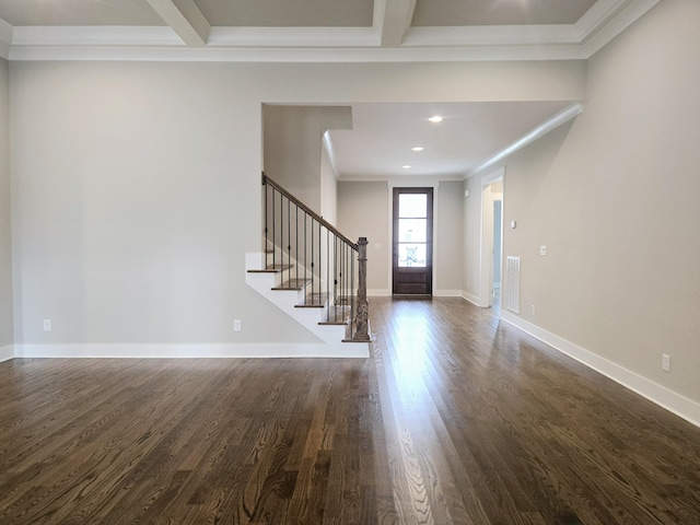 entrance foyer featuring beam ceiling, dark hardwood / wood-style flooring, and crown molding