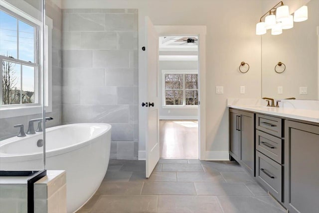 bathroom featuring vanity, a washtub, and a wealth of natural light