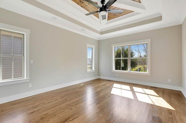 spare room featuring ceiling fan, a tray ceiling, and hardwood / wood-style floors