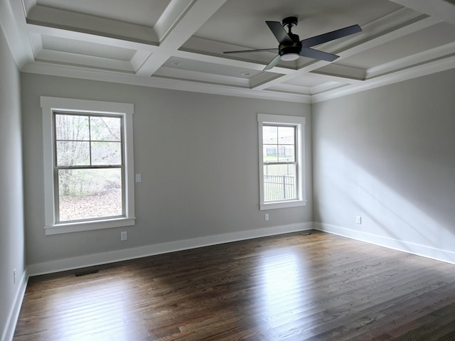 unfurnished room featuring dark hardwood / wood-style flooring, coffered ceiling, a wealth of natural light, and beam ceiling