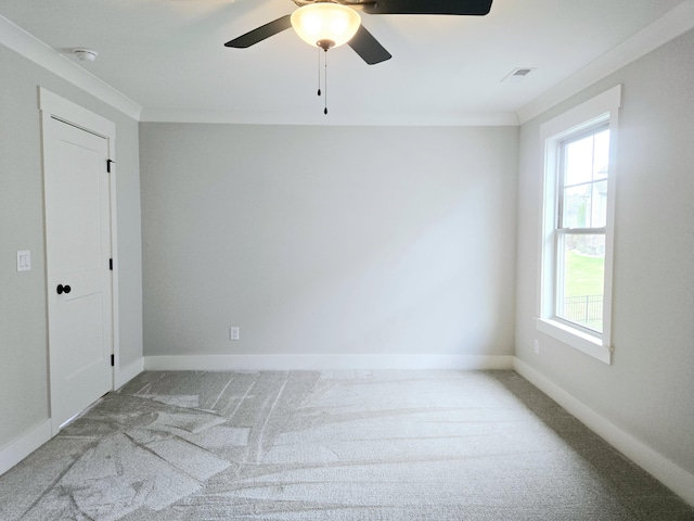 spare room with ornamental molding, ceiling fan, and carpet flooring