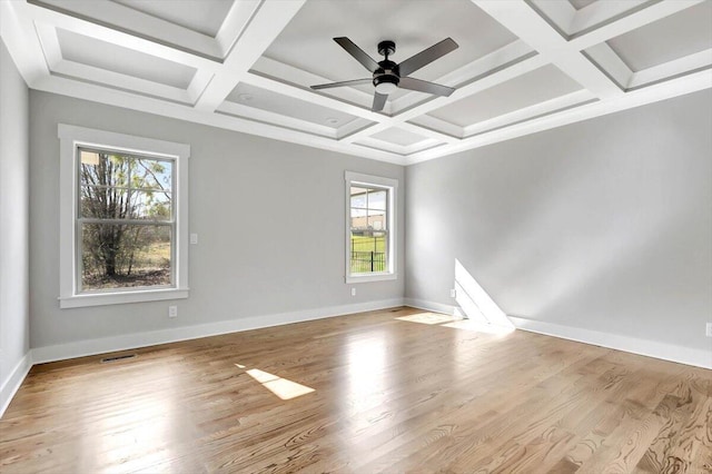 spare room with beamed ceiling, ceiling fan, coffered ceiling, and light hardwood / wood-style floors