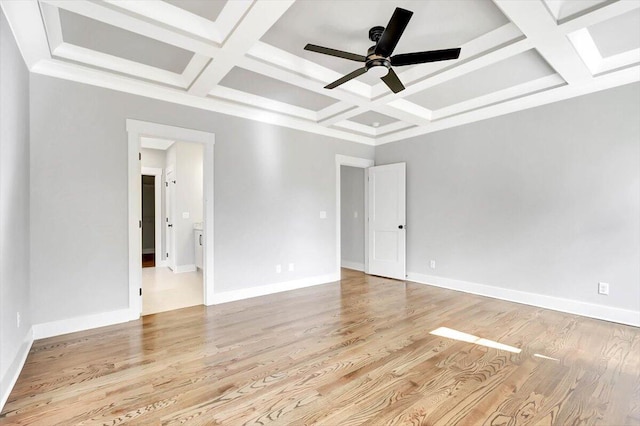 unfurnished room featuring coffered ceiling, beamed ceiling, ceiling fan, and light wood-type flooring