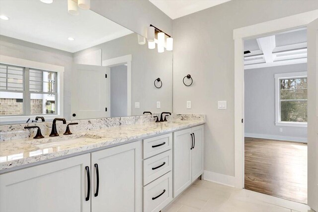 bathroom with beamed ceiling, vanity, wood-type flooring, and coffered ceiling