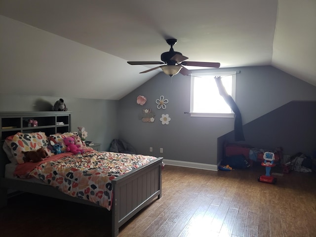 bedroom with lofted ceiling, light wood-type flooring, and ceiling fan