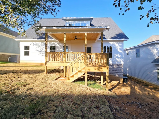 back of property featuring central air condition unit, ceiling fan, and a wooden deck